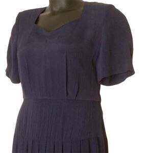 VINTAGE Dress 80s 90s MONICA HEART Pleated‎ Long Midi 10 Navy Blue Button Back